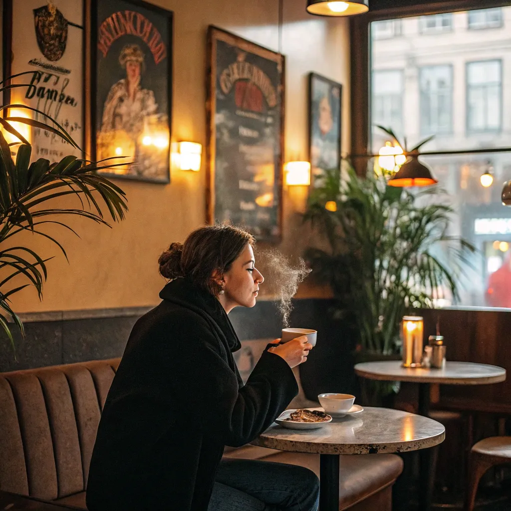 Customer appreciating the cafe's atmosphere